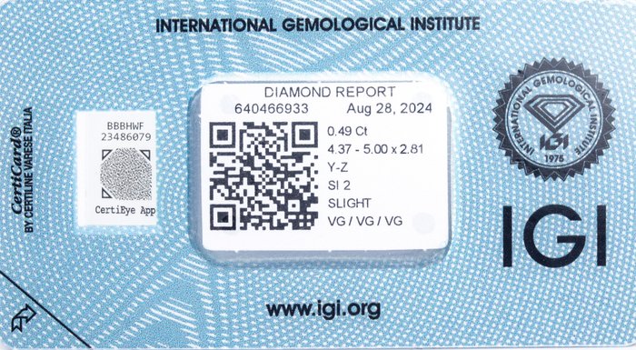 Ingen mindstepris - 1 pcs Diamant  (Natur)  - 0.49 ct - Hjerte - SI2 - International Gemological Institute (IGI) - Farvekvalitet: Y-Z