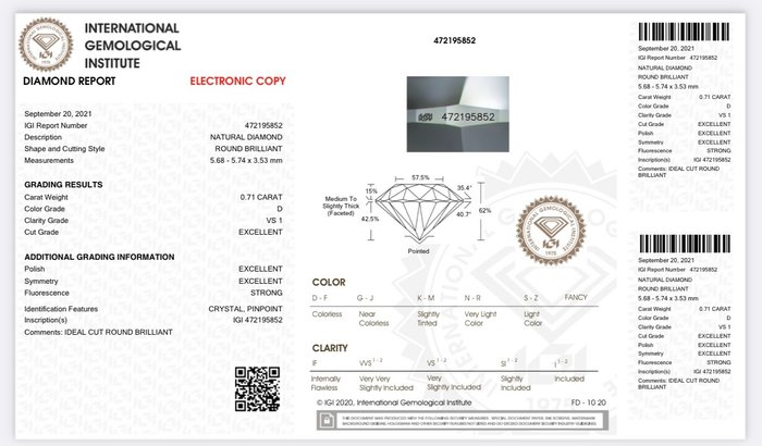 Ingen mindstepris - 1 pcs Diamant  (Natur)  - 0.71 ct - Rund - D (farveløs) - VS1 - International Gemological Institute (IGI) - *EX EX EX*