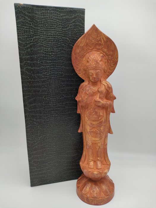 Hand-Carved Wooden Buddha on Lotus Base with Box - Showa Era - Statue Træ - Japan  (Ingen mindstepris)