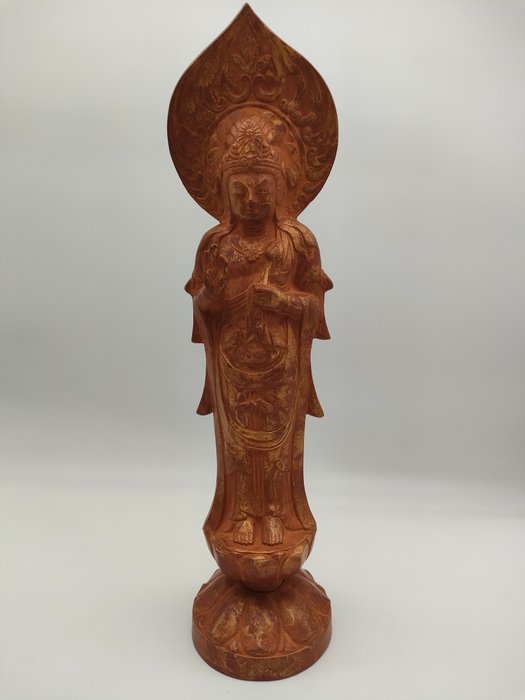 Hand-Carved Wooden Buddha on Lotus Base with Box - Showa Era - Statue Træ - Japan  (Ingen mindstepris)