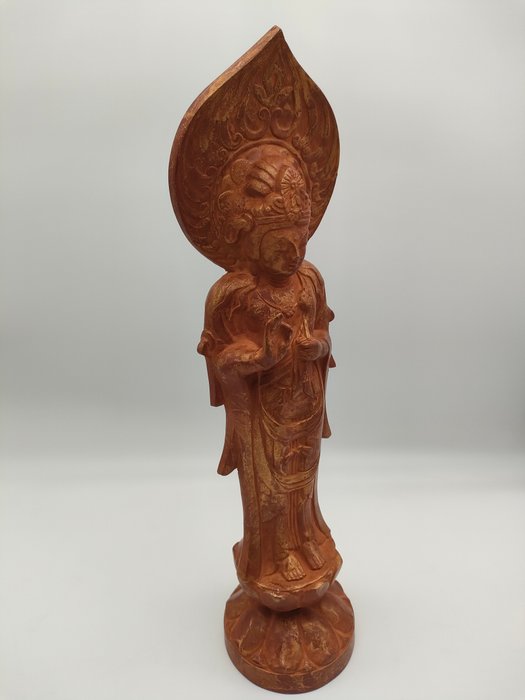 Hand-Carved Wooden Buddha on Lotus Base with Box - Showa Era - Statue Træ - Japan  (Ingen mindstepris)