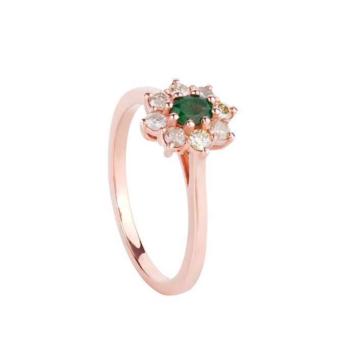 Ring - 14 karat Rosaguld -  071ct tw Smaragd - Diamant