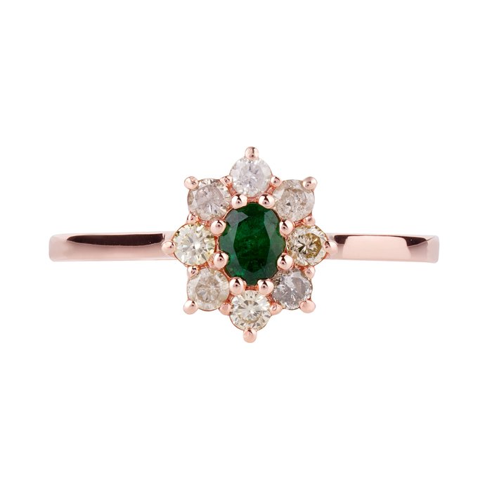 Ring - 14 karat Rosaguld -  071ct tw Smaragd - Diamant