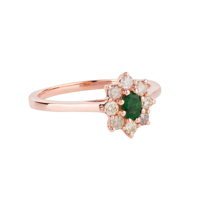 Ring - 14 karat Rosaguld -  071ct tw Smaragd - Diamant