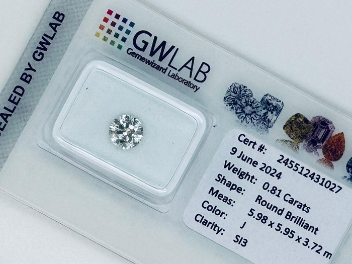 Ingen mindstepris - 1 pcs Diamant  (Natur)  - 0.81 ct - Rund - J - SI3 - Gemewizard Gemological Laboratory (GWLab)