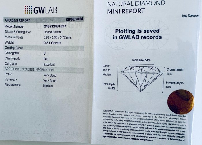 Ingen mindstepris - 1 pcs Diamant  (Natur)  - 0.81 ct - Rund - J - SI3 - Gemewizard Gemological Laboratory (GWLab)