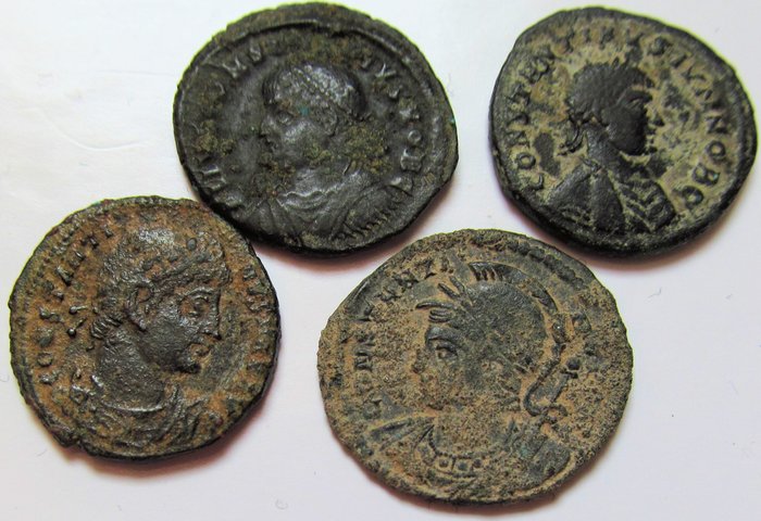 Romarriket Constantinian Dynasty Follis Group of 4x folles: different types and Emperors