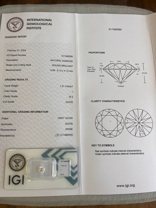 1 pcs Diamant  (Natur)  - 1.01 ct - Rund - I - SI2 - International Gemological Institute (IGI)