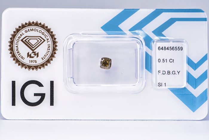 Ingen mindstepris - 1 pcs Diamant  (Naturfarvet)  - 0.51 ct - Pude - Fancy deep Brun, Grønlig Gul - SI1 - International Gemological Institute (IGI)