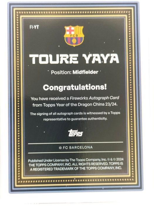 2024 Topps FC Barcelona Dragon Year Yaya Touré #FI-YT Autograph 27/50 - 1 Card - Næsten så god som ny (NM)