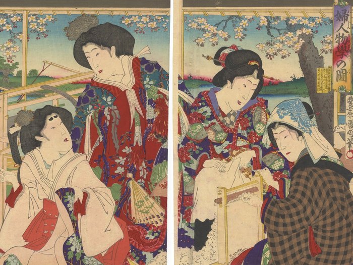 'Noble Women Learning Spinning' - Toyohara Kunichika (1835-1900) - Japan -  Meiji-perioden (1868-1912)