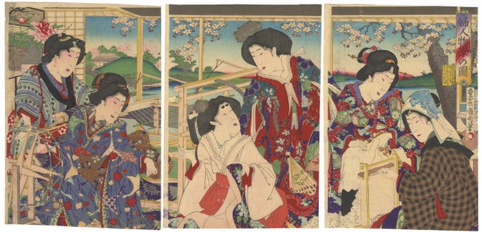 'Noble Women Learning Spinning' - Toyohara Kunichika (1835-1900) - Japan -  Meiji-perioden (1868-1912)