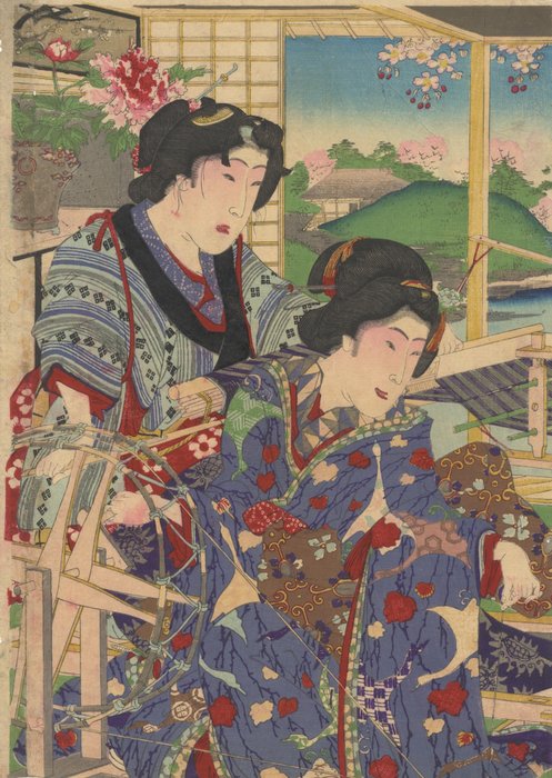 'Noble Women Learning Spinning' - Toyohara Kunichika (1835-1900) - Japan -  Meiji-perioden (1868-1912)