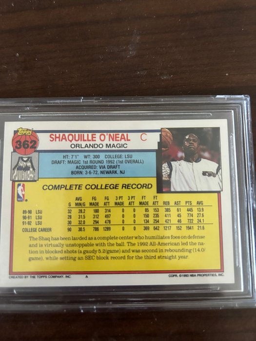 1992/93 Topps Shaquille O'Neal #362 Rookie Hand Signed Beckett Authentic Auto 10 Graded card