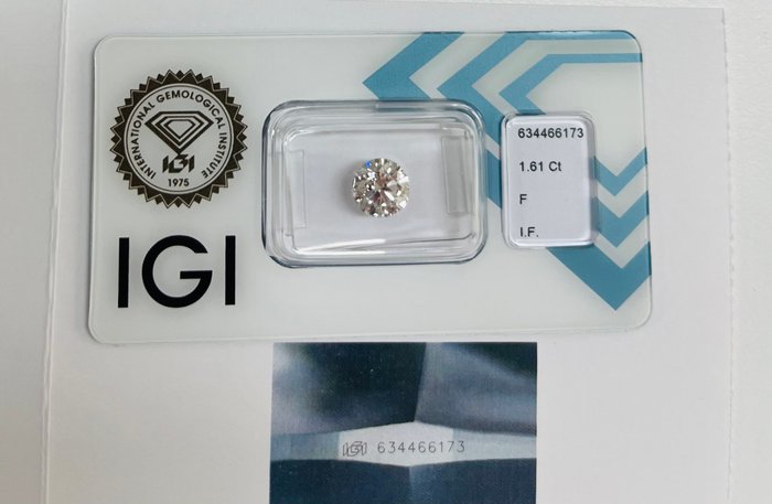 1 pcs Diamant  (Natur)  - 1.61 ct - Rund - F - IF - International Gemological Institute (IGI) - *3EX Ingen*