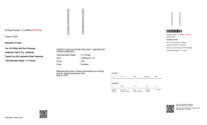 Ingen mindstepris - Ørestikkere - 14 karat Hvidguld -  4.17ct. tw. Diamant (Laboratoriedyrket) - D-E VVS IGI-certificeret