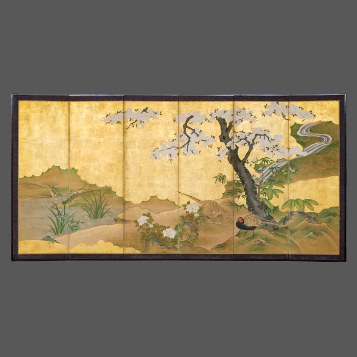 Byôbu 屏風 (foldeskærm) - Bladguld lakeret træ silke - Japan - 1800-tallet (sen Edo-periode/tidlig Meiji-periode)