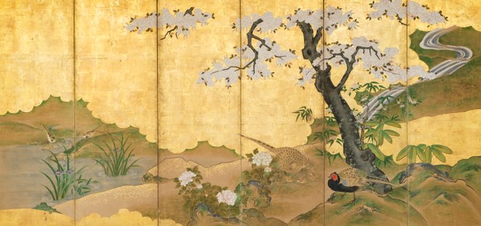 Byôbu 屏風 (foldeskærm) - Bladguld lakeret træ silke - Japan - 1800-tallet (sen Edo-periode/tidlig Meiji-periode)