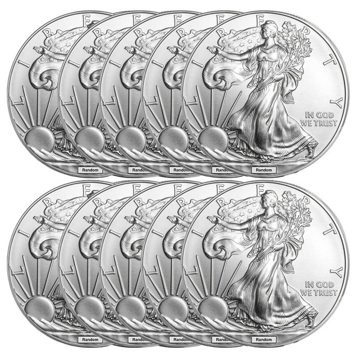 Förenta staterna. 10 x 1 oz $1 USD American Silver Eagle Coin BU (Random Years)