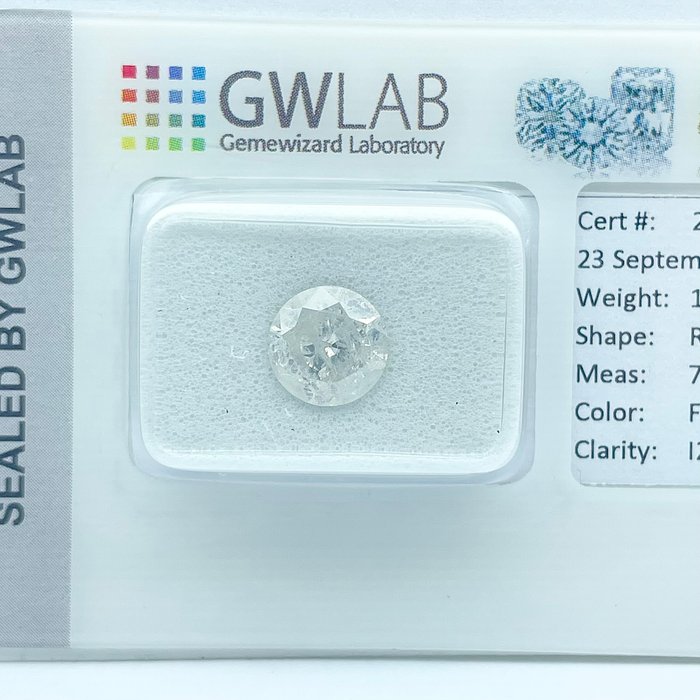 Ingen mindstepris - 1 pcs Diamant  (Natur)  - 1.62 ct - Rund - F - I2 - Gemewizard Gemological Laboratory (GWLab)