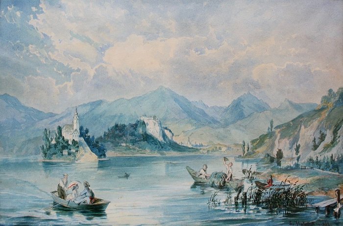 Ludwig Halauska (1827-1882) - Tourists and peasants on the Lake Bled in Slovenia