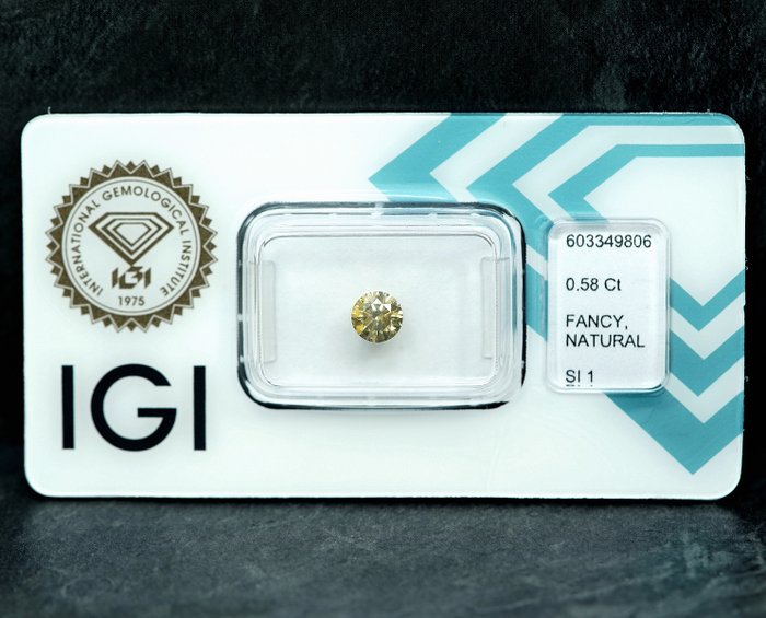 1 pcs Diamant  (Naturfarvet)  - 0.58 ct - Rund - Fancy Brunlig Gul - SI1 - International Gemological Institute (IGI)