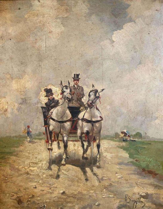 Pietro Scoppetta (1863-1920) Attributed to - Passeggiata in carrozza in villa