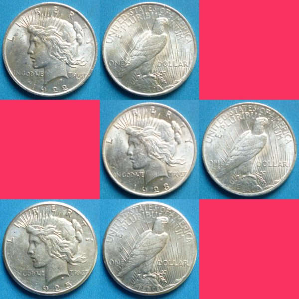 Förenta staterna. Lot of 3x USA Peace Silver Dollars 1922-P, 1923-P, 1925-P  (Ingen mindstepris)