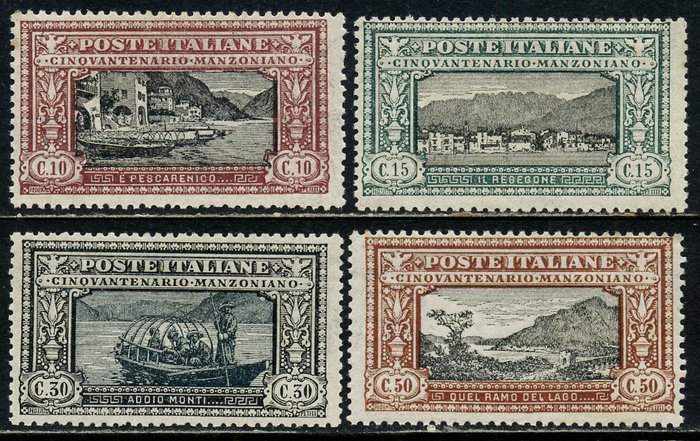 Italien Kongerige 1923 - Alessandro Manzoni.  4 værdier med vandmærket på hovedet. Dejlig variation - Sassone 151/154