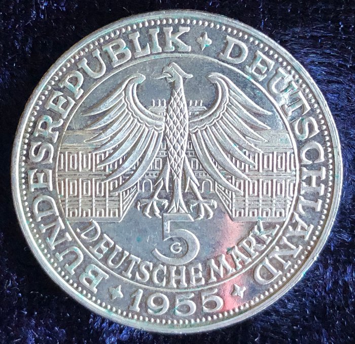 Tyskland, Forbundsrepublikken. Markgraf von Baden. 5 Mark 1955, G  (Ingen mindstepris)