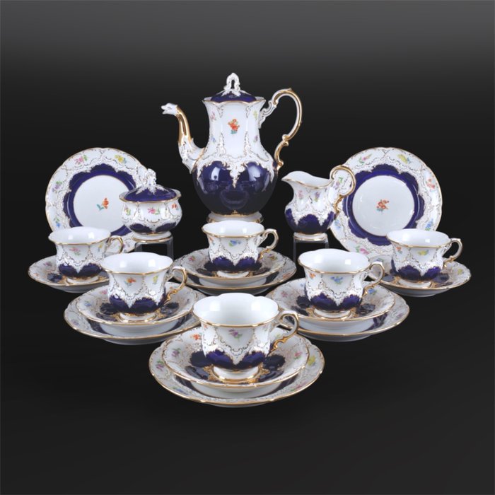 Meissen - E-A Leuteritz - Kaffesæt til 6 (21) - B Form Streublümchen Halbspitze Kobaltblau Dekor-Nr 011098 - Porcelæn