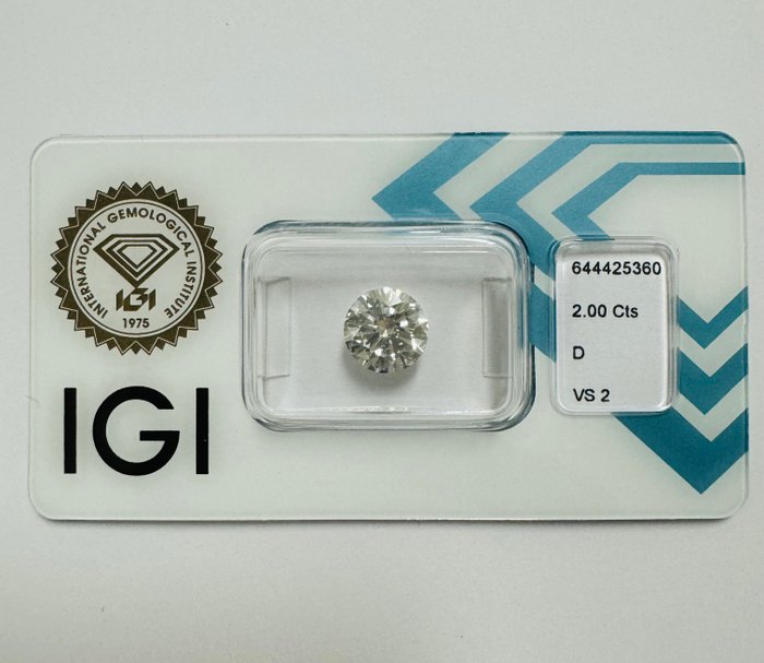 1 pcs Diamant  (Natur)  - 2.00 ct - Rund - D (farveløs) - VS2 - International Gemological Institute (IGI) - *3EX*