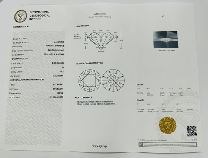 1 pcs Diamant  (Natur)  - 2.00 ct - Rund - D (farveløs) - VS2 - International Gemological Institute (IGI) - *3EX*