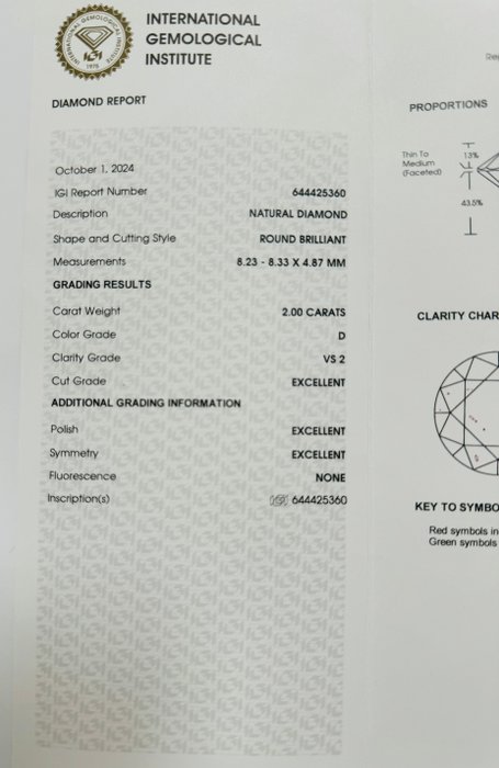 1 pcs Diamant  (Natur)  - 2.00 ct - Rund - D (farveløs) - VS2 - International Gemological Institute (IGI) - *3EX*