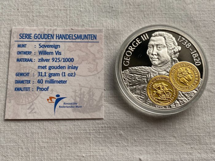 Hollandske Antiller. 10 Gulden 2001 Handelsmunt 'George III' zilver met gouden inlay  (Ingen mindstepris)