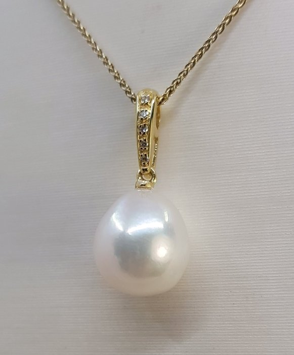 Halskæde med vedhæng - 14 karat Gulguld -  0.04ct. tw. - 11x12mm Edison Pearl