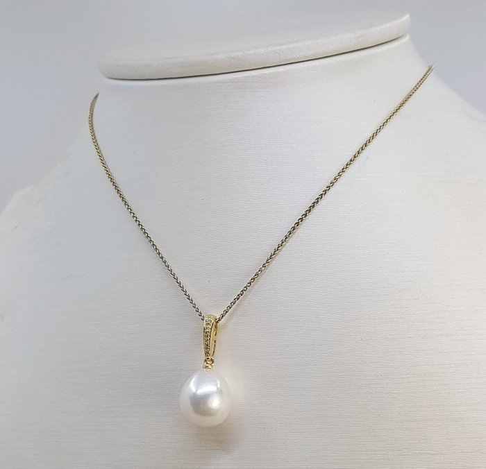 Halskæde med vedhæng - 14 karat Gulguld -  0.04ct. tw. - 11x12mm Edison Pearl