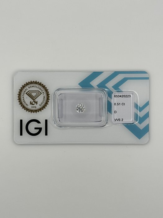 1 pcs Diamant  (Natur)  - 0.51 ct - Rund - D (farveløs) - VVS2 - International Gemological Institute (IGI) - *3EX*