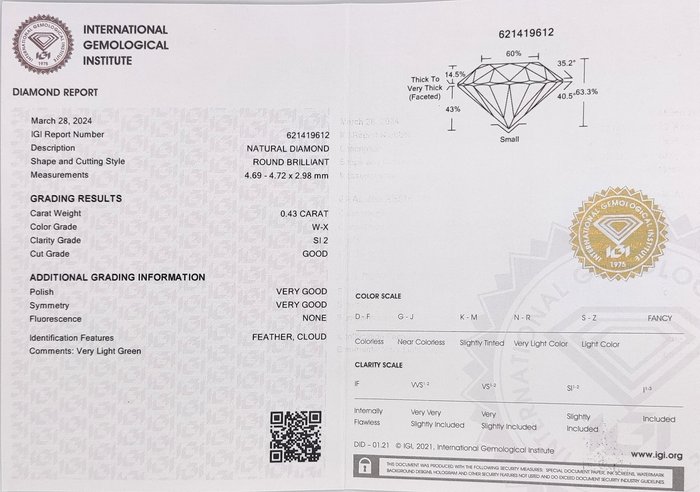 Ingen mindstepris - 1 pcs Diamant  (Natur)  - 0.43 ct - Rund - SI2 - International Gemological Institute (IGI) - W - X