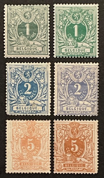 Belgien 1869/1883 - Emission 1869: Reclining Lion 1c, 2c, 5c - Udvalg af nuancer - OBP 26, 27, 28 inc. 27b Pruissisch Blauw