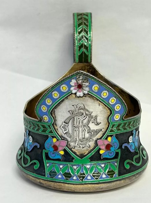 Rare antique Russian silver 84 cloisonné enamel tea glass holder Ivan Khlebnikov - Fyrfadsstage - Sølv