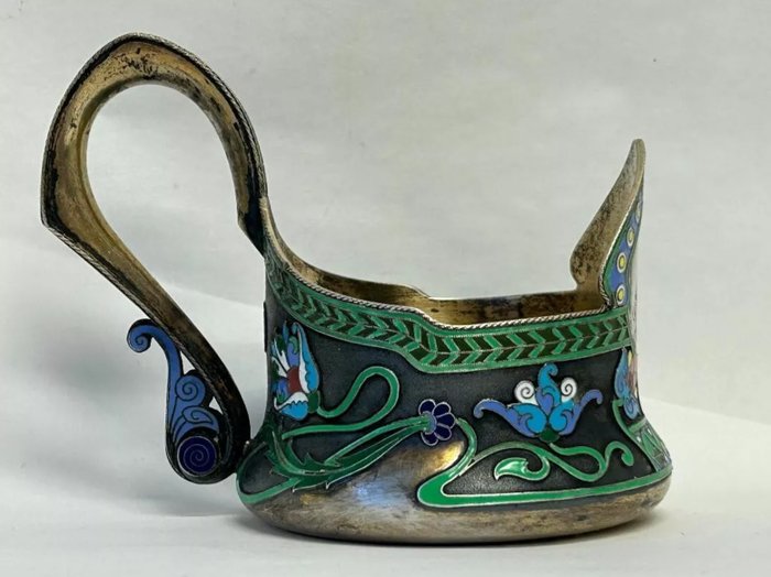 Rare antique Russian silver 84 cloisonné enamel tea glass holder Ivan Khlebnikov - Fyrfadsstage - Sølv