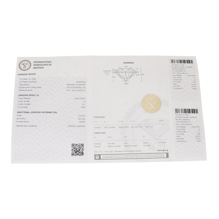 1 pcs Diamant  (Natur)  - 0.94 ct - Rund - G - SI1 - International Gemological Institute (IGI) - Gammelt europæisk snit