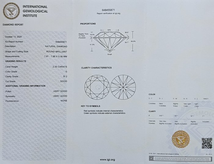 1 pcs Diamant  (Natur)  - 2.00 ct - Rund - H - SI2 - International Gemological Institute (IGI)