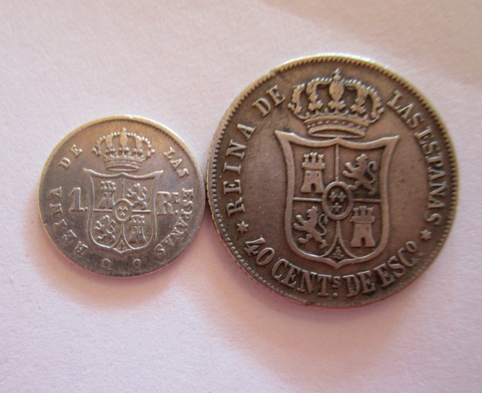 Spanien. Isabel II (1833-1868). 1 Real y 40 céntimos de Escudo Sevilla 1855 y Madrid 1865 (2 monedas)  (Ingen mindstepris)