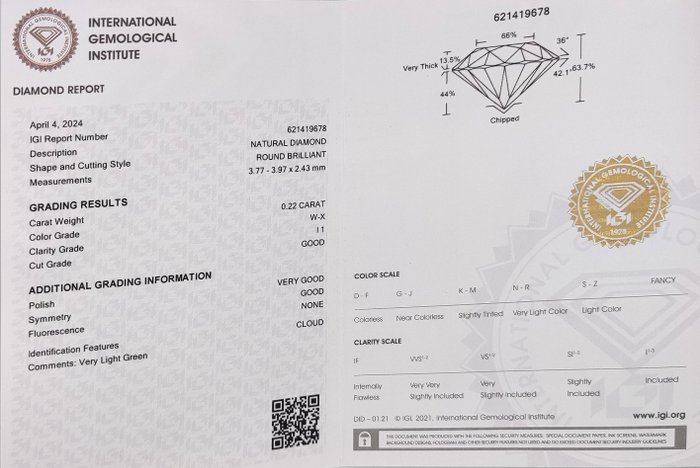 Ingen mindstepris - 1 pcs Diamant  (Natur)  - 0.22 ct - Rund - I1 - International Gemological Institute (IGI) - W - X