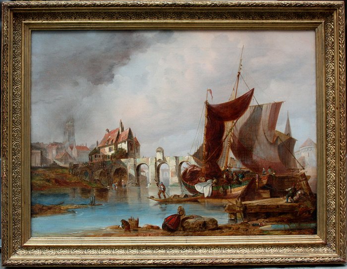 British school (ca. 1860) - Harbour with a medieval bridge