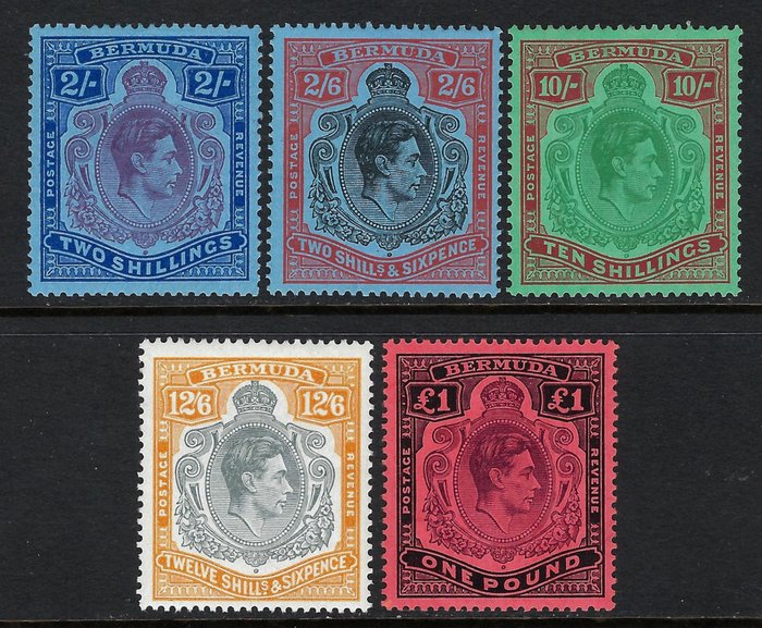 Bermuda 1938 - King George VI 2s til £1 Purple  Black lot