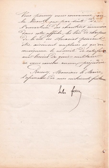 Jules Ferry - Lettre autographe signée -  III République - Gouvernement Defense Nationale - 1871