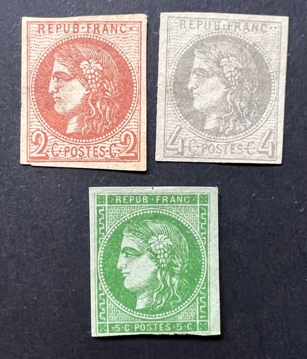 Frankrig 1870 - Frankrig klassisk Bordeaux udgave 2c Brun 4c grå 5c grøn vurdering 560 € - Yvert Tellier 40B-41B-42B